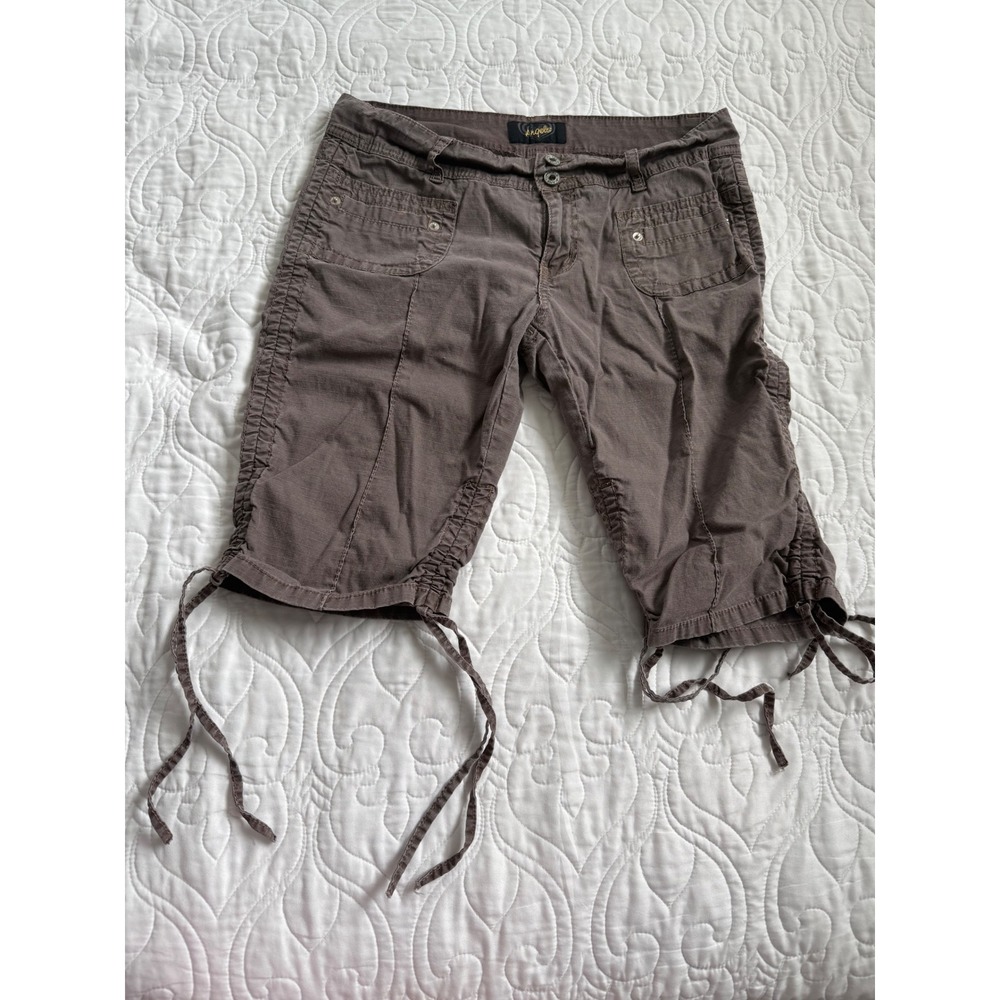 Angels Brown Y2K Cargo Bermuda Shorts Ruched Tie Ramie Cotton Blend Womens 9 EUC